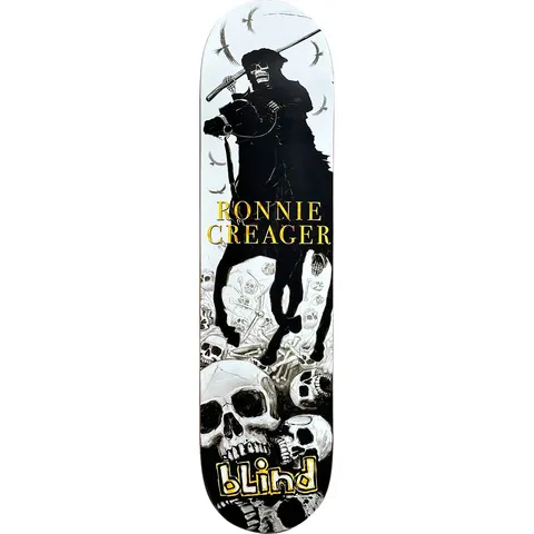 Blind Ronnie Creager Polo (unreleased) skateboard deck: White deck with a black silhouette of a skeletal Grim Reaper on horseback holding a polo mallet, above a pile of skulls and bones, with birds in the sky. Rider name in yellow serif capitals and yellow Blind logo.