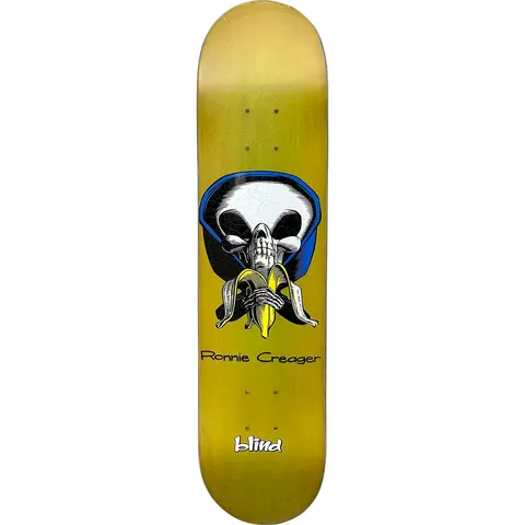 Blind Ronnie Creager Reaper Skull and Banana skateboard deck: A cracked-faced hooded reaper skull eats a peeled banana with skeletal hands, in a blue-edged black hood on a yellow-gold stained deck. Rider name in black below, Blind logo at the tail.
