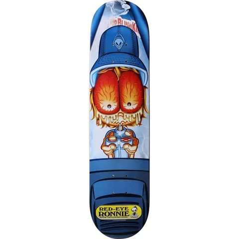 Blind Ronnie Creager Red-Eye Ronnie skateboard deck: A cartoon kid in a blue cap with huge red bloodshot eyes and a dripping mouth plays a video game controller in front of a TV, in blue tones. A yellow label at the tail names the pro model.