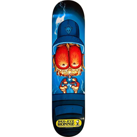 Blind Ronnie Creager Red-Eye Ronnie (pg version) skateboard deck: Cartoon character in a blue bucket hat with a reaper logo, with huge bloodshot red eyes bulging out and dripping, holding a game controller against a blue background with lightning. Yellow Red-Eye Ronnie pro model label at the tail.