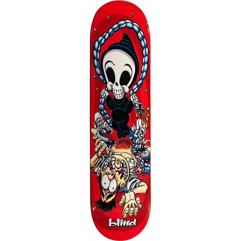 Blind Rope-a-Dope skateboard deck: A cartoon grim reaper with a big grin swings on a chain of bones above a screaming skater lying on his back with his insides spilling out, on a glossy red deck. Blind logo at the tail.