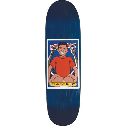 Blind Rudy Johnson Fucked Up Blind Kids skateboard deck: Parody trading-card portrait of a grinning boy in a red t-shirt with skeletal arms reaching from behind him, set in a white-bordered blue card with a red arched title and a yellow caption banner, on a blue-stained deck.