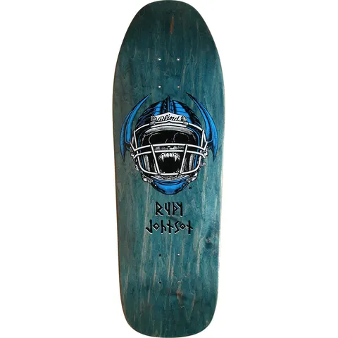 Blind Rudy Johnson Jock Skull skateboard deck: A snarling skull with fangs wearing an American football helmet with a facemask, framed by blue horn-like shapes, with a Blind banner across the forehead. The rider's name is in runic-style lettering below, on a teal stained old-school deck.