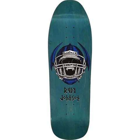 Blind Rudy Johnson Jock Skull Reissue skateboard deck: A snarling skull wearing an American football helmet with a Blind-labelled strap and blue bat-like wings, with 'Rudy Johnson' in runic-style lettering beneath, on a teal-stained old-school shape.