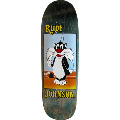 Blind Rudy Johnson WB Ripoff Series skateboard deck: Cartoon black-and-white cat giving a thumbs up in front of a mouse hole with a 'Vacancy' sign, set in a framed panel on a teal-stained old-school shape with yellow serif lettering above and below.