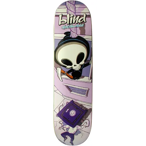 Blind Safe Death skateboard deck: A cartoon reaper with a large skull head leans out of a window above a hanging rope while a large purple safe falls onto a man in the street below. Blind logo at the top in a lilac-toned scene.
