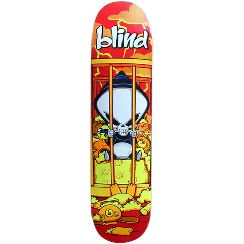 Blind Switchblade skateboard deck: Cartoon Blind reaper kid with skull face and hooded head gripping the bars of a cage cot in front of scattered toys, under a stormy orange and red sky. White 'blind' logo at the top.