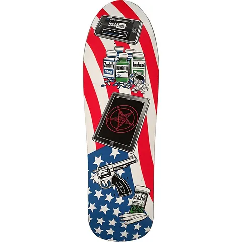 Cliché American Icons 2 skateboard deck: Old-school shaped deck on a waving stars-and-stripes flag, covered in stickers-style illustrations: a phone showing a video app, pill bottles with spilled pills, a tablet with a red pentagram, a revolver and a jar of cannabis with joints.