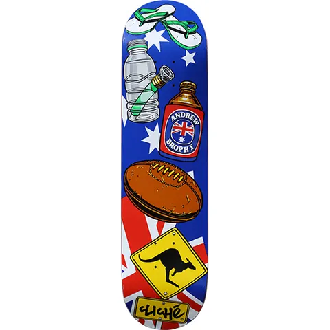 Cliché Andrew Brophy Icons Series skateboard deck: Cartoon-style stack of Australian icons on a blue starry and Union Jack flag background: flip-flops, a water bottle, a beer can with the rider's name, a footy ball and a kangaroo road sign above the Cliché logo.