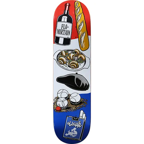 Cliché Flo Mirtain Icons Series skateboard deck: Red, white and blue French flag layout with a wine bottle, baguette, plate of snails, black beret, petanque balls and a cigarette pack with the Cliché logo, illustrated in a comic style.