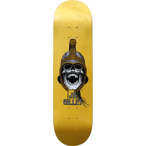 Cliché JB Gillet Soldier Skull (unreleased) skateboard deck: A screaming skull with fangs and moustache wearing a gold and silver Roman-style helmet with a crest and ponytail, with JB GILLET lettering beneath, on a yellow-stained deck.