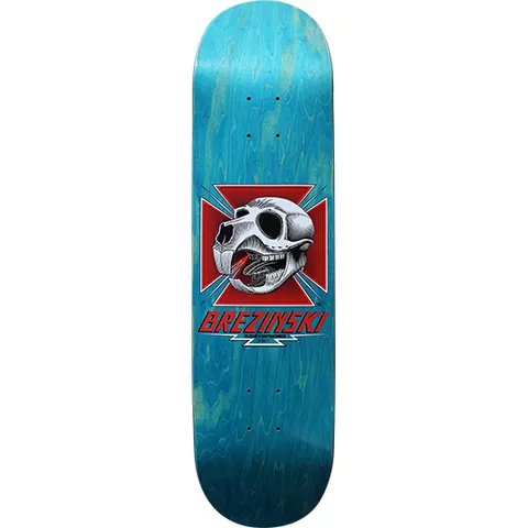 Cliché Joey Brezinski Beaver Skull (unreleased) skateboard deck: Grey animal skull with large teeth and a red lightning bolt on a red iron-cross background with blue rays, above red BREZINSKI lettering, on a teal stained deck.