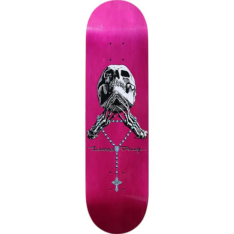 Cliché Lucas Puig Skull and Rosary (unreleased) skateboard deck: Pink-stained deck with a realistic skull resting on skeletal hands in prayer, with a blue rosary hanging down to a cross. Lucas Puig signature below.