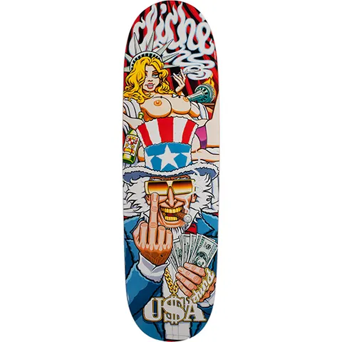 Cliché Pimp and Ho skateboard deck: Cartoon of Uncle Sam in gold-lensed sunglasses, grinning with a cigar, giving the finger and holding a wad of dollars, with a gold dollar chain. Behind him a blonde Statue of Liberty figure, topless, smokes. Cliché logo in smoke at the top.