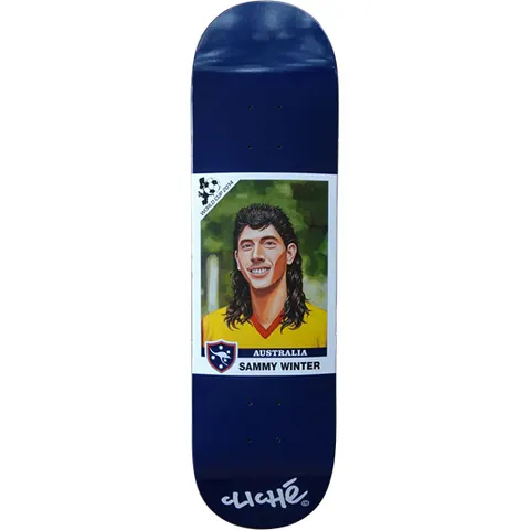 Cliché Sammy Winter World Cup Series skateboard deck: A painted football sticker-card portrait of a smiling mulleted man in a yellow Australia shirt, with a small shield badge and World Cup 2014 ball logo, on a plain navy deck.