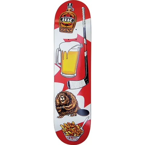 Cliché The Boardroom Canada Collab Icons Series skateboard deck: Red and white Canadian flag-style background carrying a column of Canadian icons: a maple syrup bottle with a 'BR' label, a pint of beer, a hockey stick and puck, a beaver and a bowl of poutine. Cliché signature at the bottom.
