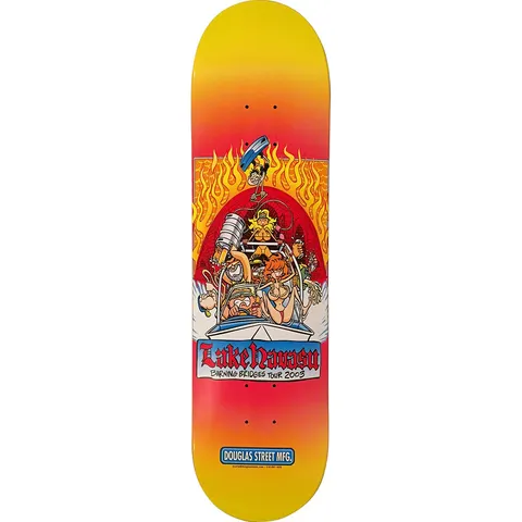 Dsm Lake Havasu Tour skateboard deck: A cartoon scene in a framed panel of a crowded speedboat of party-goers, with a keg and women in bikinis, while a figure swings from above and flames burn behind. It sits on a yellow to red fade deck, with a Douglas Street Mfg. label.