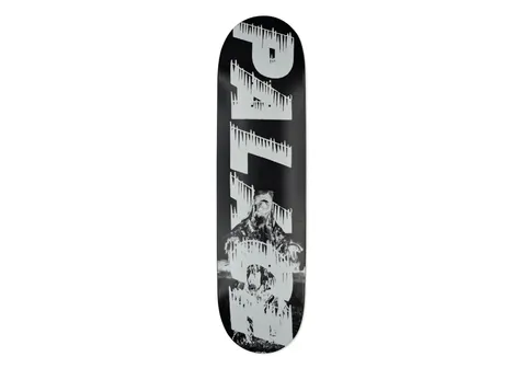 Palace Bankhead Black 8.3 skateboard deck: Large pale grey Palace lettering with a ragged, dripping edge runs vertically down a black deck, over a black and white photograph of a hooded, camouflaged figure in a field.