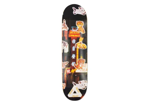 Palace Cats 8.3 skateboard deck: Night-time photograph of neon signs on a Chinese-lettered street, covered with cut-out photos of kittens and cats like stickers, with a Palace tri-ferg logo at the bottom.