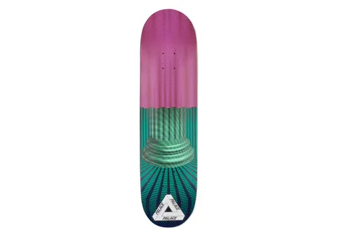 Palace Curtains 8.3 skateboard deck: A classical stone column with a rippled, curtain-like pink drape across the top half, over teal and green radiating stripes. The Palace tri-ferg logo sits at the tail.