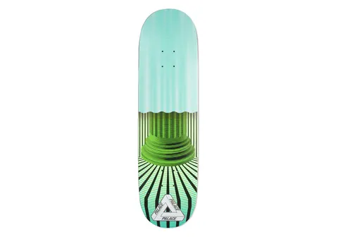 Palace Drury Curtains 8.5 skateboard deck: Green classical stone column base with a curtain-like wavy teal fabric hanging over its top, set against radiating black and green stripes. Palace tri-ferg logo at the bottom.