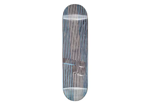 Palace Drury P1 8.1 skateboard deck: Vertical white and pale blue lines run the length of a dark grey stained deck, with the lines stepping and breaking in a zigzag near the middle, giving an optical, abstract effect.