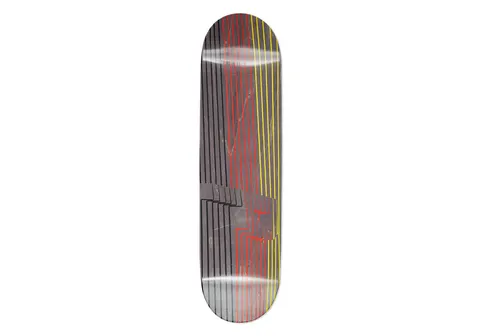 Palace Drury P3 8.3 skateboard deck: An abstract design of thin vertical lines in black, red and yellow running the length of the board, with a stepped dark grey block in the middle and a small red face-like shape in the lower half.