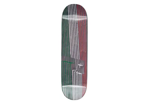 Palace Drury P4 8.4 skateboard deck: An abstract design of thin vertical lines in green, white and red running the length of the board over a dark grey crumpled texture, with a stepped block in the lower middle.