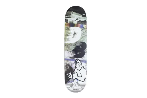 Palace Knight Re - Up Brady Board skateboard deck: Collage of inverted landscape and building photographs with large chunky white and black D and B letters, and a cartoon man with a clenched fist at the bottom, above the Palace triangle logo.