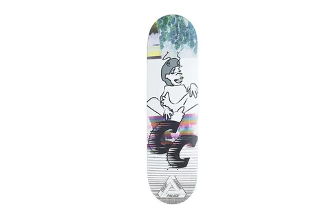 Palace Knight Re - Up Chewy Board skateboard deck: White deck with a line-drawn cartoon figure with dark hair, arms wrapped around itself, above bold black GC letters with a rainbow glitch band. A collage of leaves and colour strips sits at the nose and a Palace triangle logo at the tail.