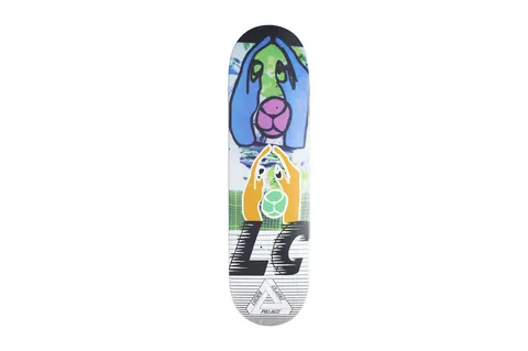 Palace Knight Re - Up Clarke Board skateboard deck: Collage of a cartoon blue-eared dog's face with green muzzle, a pair of orange hands cupping a green ball, and bold black 'LG' letters over a striped band, with the triangle logo at the tail.
