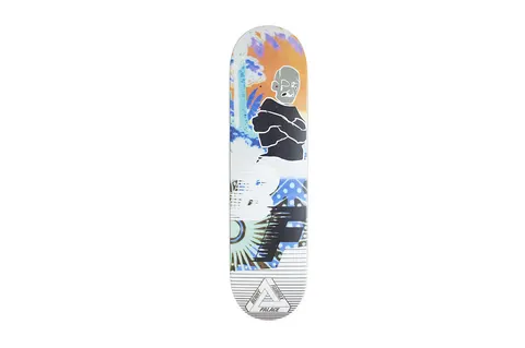 Palace Knight Re - Up Fairfax Board skateboard deck: Collage of a grey-faced cartoon figure with arms crossed, set against psychedelic orange, blue and white patterns with polka dots and a sunburst. Large black BF-style letters sit below, with a Palace triangle logo at the foot.