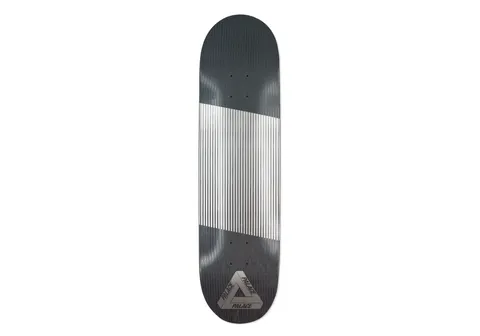 Palace Linear Silver 8.3 skateboard deck: Dark grey woodgrain deck with a block of fine vertical silver lines across the upper middle and a grey Palace tri-ferg triangle logo at the bottom.