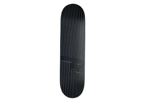 Palace P3 8.3 skateboard deck: Black deck covered in thin vertical grey pinstripes that shift and zigzag in a stepped optical-illusion pattern across the lower half. No logo or text is visible.