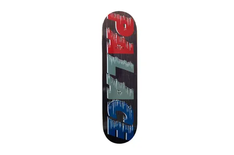 Palace Fast Black Team Board skateboard deck: Large PALACE lettering running down a dark ruled-line background, with each section in red, grey-green and blue and edged with white speed-streak drips.