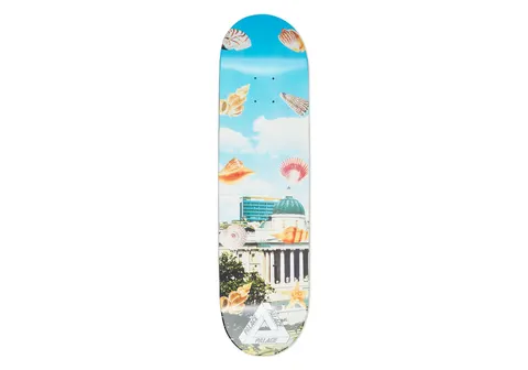 Palace Payne 8.3 skateboard deck: Photo collage of a classical domed building under a blue sky with large seashells and scallops floating in the air, with the white Palace triangle logo and name at the bottom.