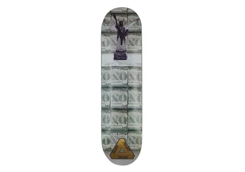 Palace Powers No One 8.125 skateboard deck: Dollar bill pattern with the word ONE repeated down the deck, topped with a small statue of an angel or winged figure holding a torch. Gold Palace Tri-Ferg logo at the tail.