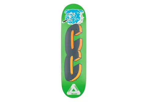 Palace Pro Chewy 8.3 skateboard deck: A blue bulldog head smoking a cigar sits above a large grey letter C with orange 3D edges on a bright green deck. The Palace triangle logo and rider name are at the bottom.