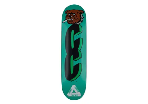Palace Pro Ferg Chewy 8.3 skateboard deck: Teal deck with a brown bulldog head smoking a joint above a large black and green chain link. A silver Palace tri-ferg logo sits at the bottom.