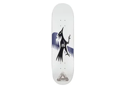 Palace Rr2 8.4 skateboard deck: A black bird with a long beak and spiky blue-purple wings, in a stylised tribal style, on a white deck with a dotted fade and a chrome Palace triangle logo near the tail.