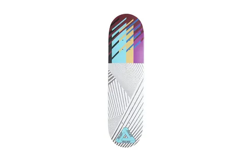 Palace Stunt Team Three Board skateboard deck: Black, white and silver diagonal line patterns on the lower half, with slanted blocks of maroon, cyan, cream and purple at the nose. Teal Palace tri-ferg triangle logo at the bottom.