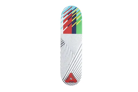 Palace Stunt Team Two Board skateboard deck: Top section of bold red, navy, green, yellow and sky blue diagonal stripes above a white field of grey converging lines. Red Palace triangle logo at the base.