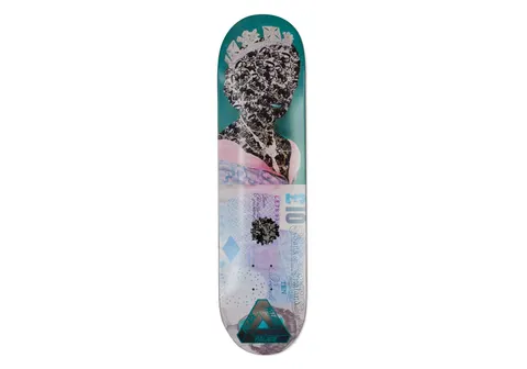 Palace Thames Tenner 8.2 skateboard deck: Stylised portrait of a crowned woman built from dense black collaged marks on teal, blending into a pink and blue £10 banknote at the lower half. A Palace tri-ferg logo sits at the tail.