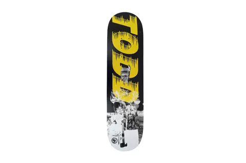 Palace Bankhead Todd Board skateboard deck: Black deck with TODD in large yellow dripping capital letters running down its length. A grainy black and white photo of a figure among clutter fills the tail, with a small Palace logo.