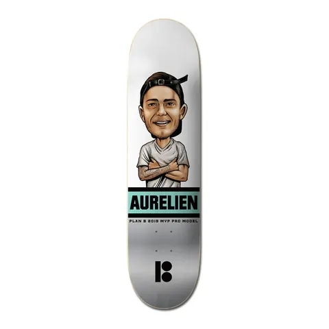 Plan B Aurelien Giraud Mvp 8.0 - Pro skateboard deck: White deck with a cartoon caricature of a smiling man in a backwards cap and grey t-shirt with folded tattooed arms, above a black and teal name panel reading Aurelien and a Plan B logo at the tail.