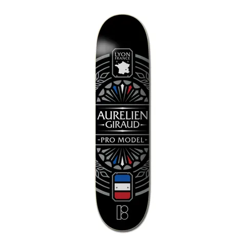 Plan B Aurelien Giraud Lyon - Pro skateboard deck: Black deck with a symmetrical ornamental design in grey, like a rose window, with red, white and blue fans. A small crest with a map of France sits at the top and a tricolour shield near the bottom, with the rider name in the centre.
