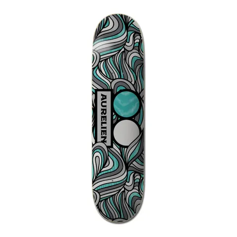 Plan B Aurelien Giraud Haight St. 8.0 - Pro skateboard deck: Swirling wavy pattern in teal, grey and white across the deck, with the Plan B two-circle logo (teal and white) and a vertical AURELIEN name block.