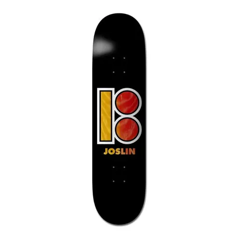 Plan B Joslin Black Out - Pro skateboard deck: Large Plan B logo of a rectangle and two circles with white outlines, filled in yellow and red-orange wood-grain texture, above the rider's name on a plain black deck.