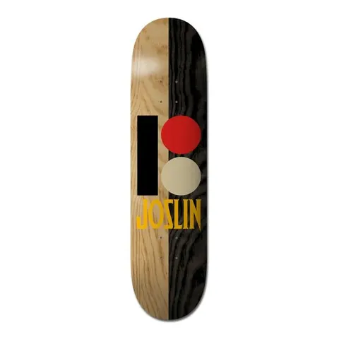 Plan B Joslin Logan - Pro skateboard deck: A split deck, natural wood on the left and black-stained on the right, with the Plan B logo of a black bar and red and cream circles. JOSLIN is in yellow-gold lettering below.
