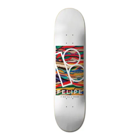 Plan B Felipe Gustavo Koogie - Pro skateboard deck: White deck with a rectangular photo panel of multicoloured knitted Coogi-style jumper texture, overlaid with the white outlined Plan B logo. Felipe and a small tagline sit below.